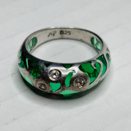 Vintage Sterling Silver Green Glass and Diamonique Stone Ring Size 8