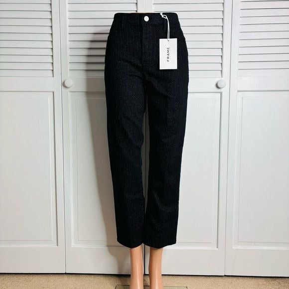 *NEW* FRAME Black Le High Straight Silver Pinstriped Jeans Size 29