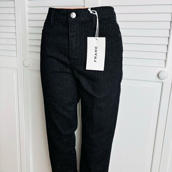 *NEW* FRAME Black Le High Straight Silver Pinstriped Jeans Size 29