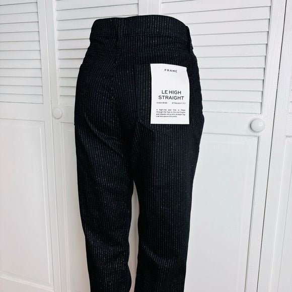 *NEW* FRAME Black Le High Straight Silver Pinstriped Jeans Size 29