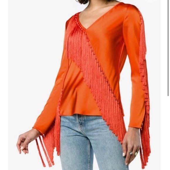 DIANE VON FURSTENBERG Tangerine V-Neck Fringe Blouse Size 8 *NEW*