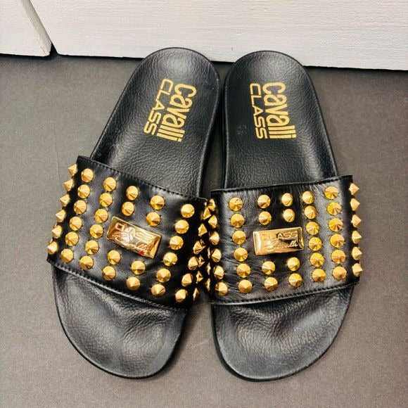 CAVALLI CLASS Black Studded Leather Slides Size 7