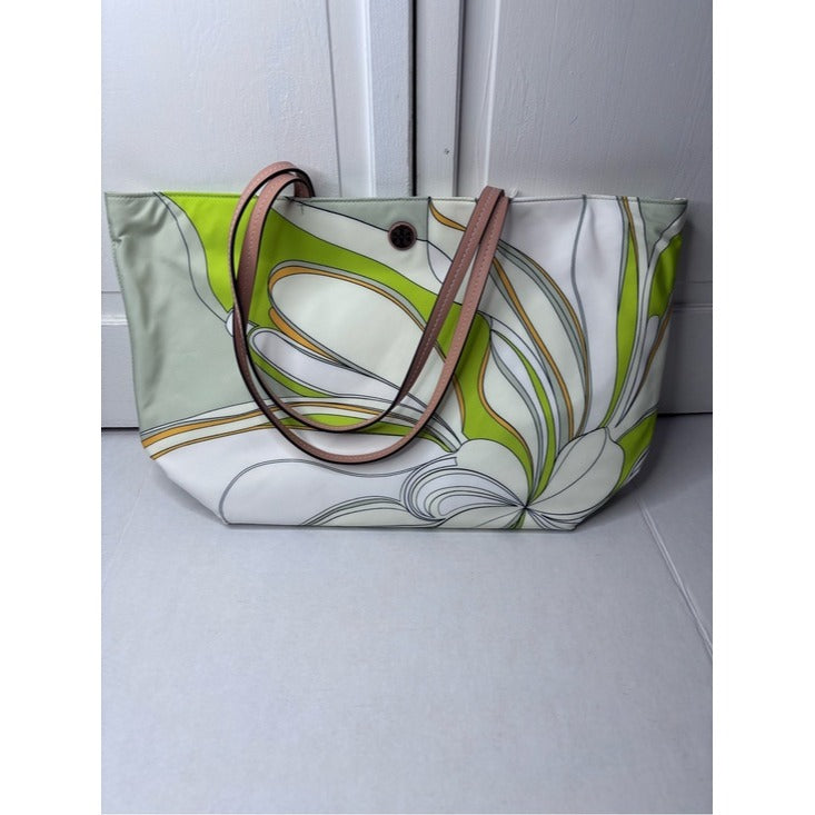 New TORY BURCH Floral Green Abstract Printed Nylon Zip Tote Bag