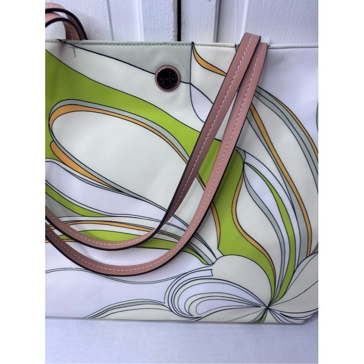 New TORY BURCH Floral Green Abstract Printed Nylon Zip Tote Bag