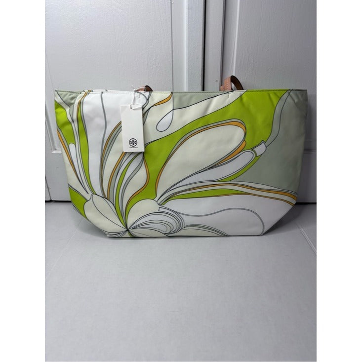 New TORY BURCH Floral Green Abstract Printed Nylon Zip Tote Bag