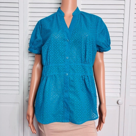 ATTENTION Semi Sheer Short Sleeve Button Down Blouse in Blue Size Large