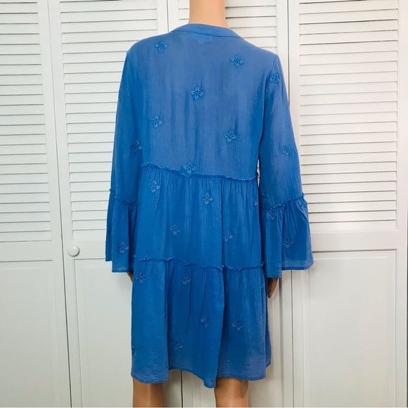 ASPIGA Blue V-Neck Bell Sleeve Dress Size Medium