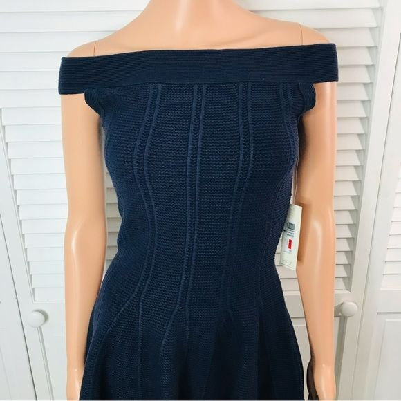 ELIZA J Navy Ribbed Fit & Flare Knit Sweater Dress Size XS *NEW*