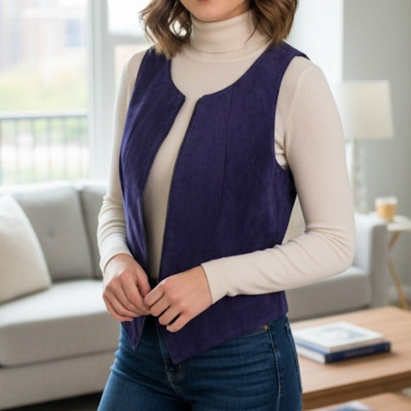 DANIER Vintage Royal Purple Suede Leather Zip-Up Sleeveless Vest Size XS