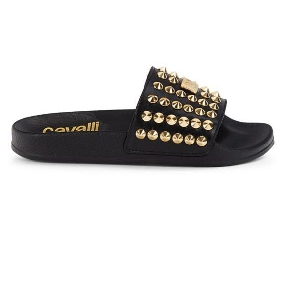 CAVALLI CLASS Black Studded Leather Slides Size 7