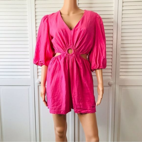 1. STATE Pink Balloon Sleeve Cut Out Romper