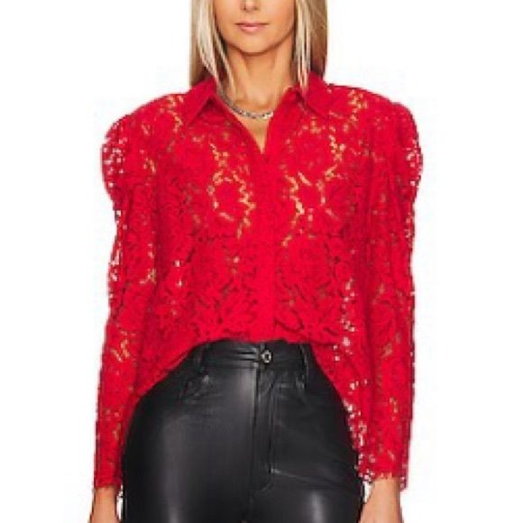 GENERATION LOVE Valencia Lace Red Sheer Blouse Size M