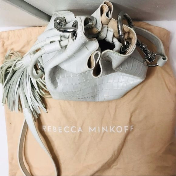 REBECCA MINKOFF Kate Mini White Embossed Leather Bucket Shoulder Bag