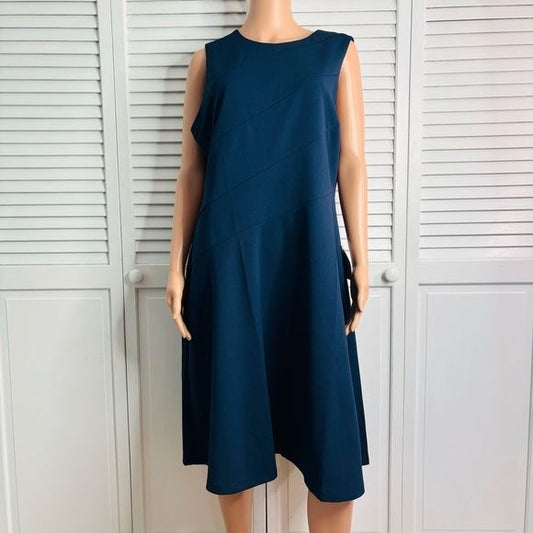 *NEW* LONDON TIMES Navy Blue Asymmetrical Detail Dress Size 16