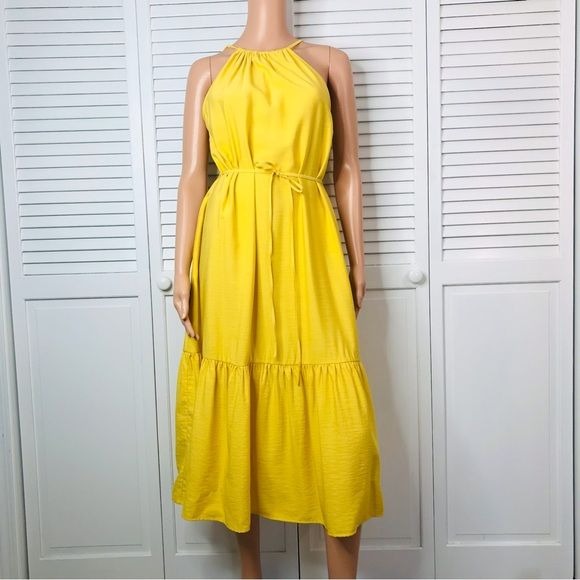 BANANA REPUBLIC Yellow Belted Halter Dress With Pockets Size S