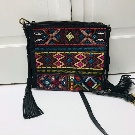JOHNNY WAS Black Leather Embroidered Crossbody Bag
