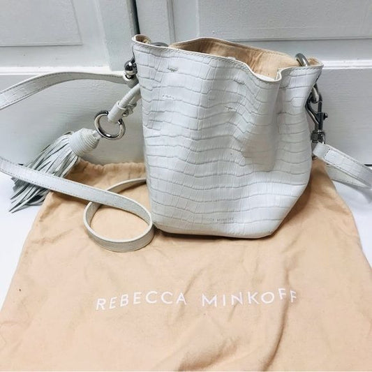 REBECCA MINKOFF Kate Mini White Embossed Leather Bucket Shoulder Bag