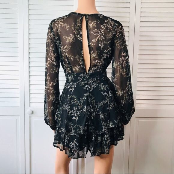 ILLA ILLA Black Floral Ruffle Deep V-Neck Ruffle Romper Size S