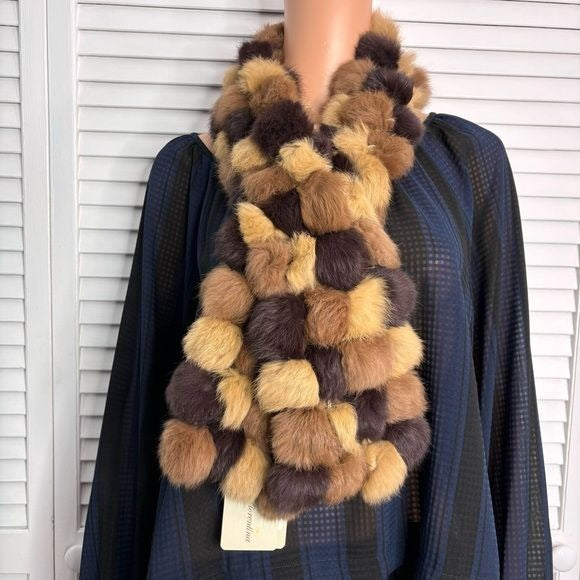 *NEW* LA FIORENTINA Genuine Brown Rabbit Pom Pom Scarf