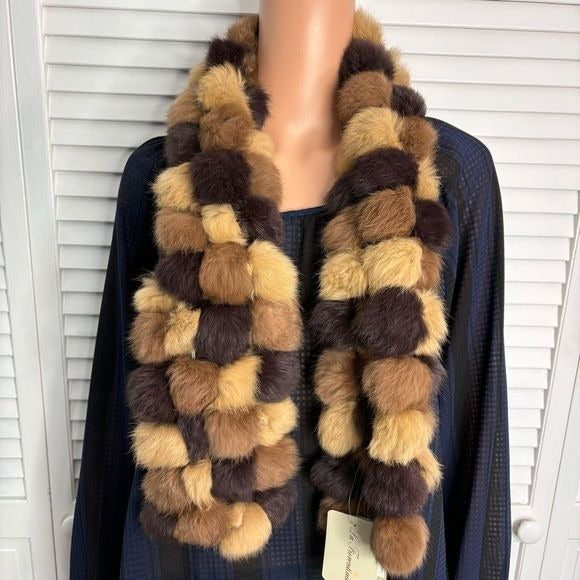 *NEW* LA FIORENTINA Genuine Brown Rabbit Pom Pom Scarf