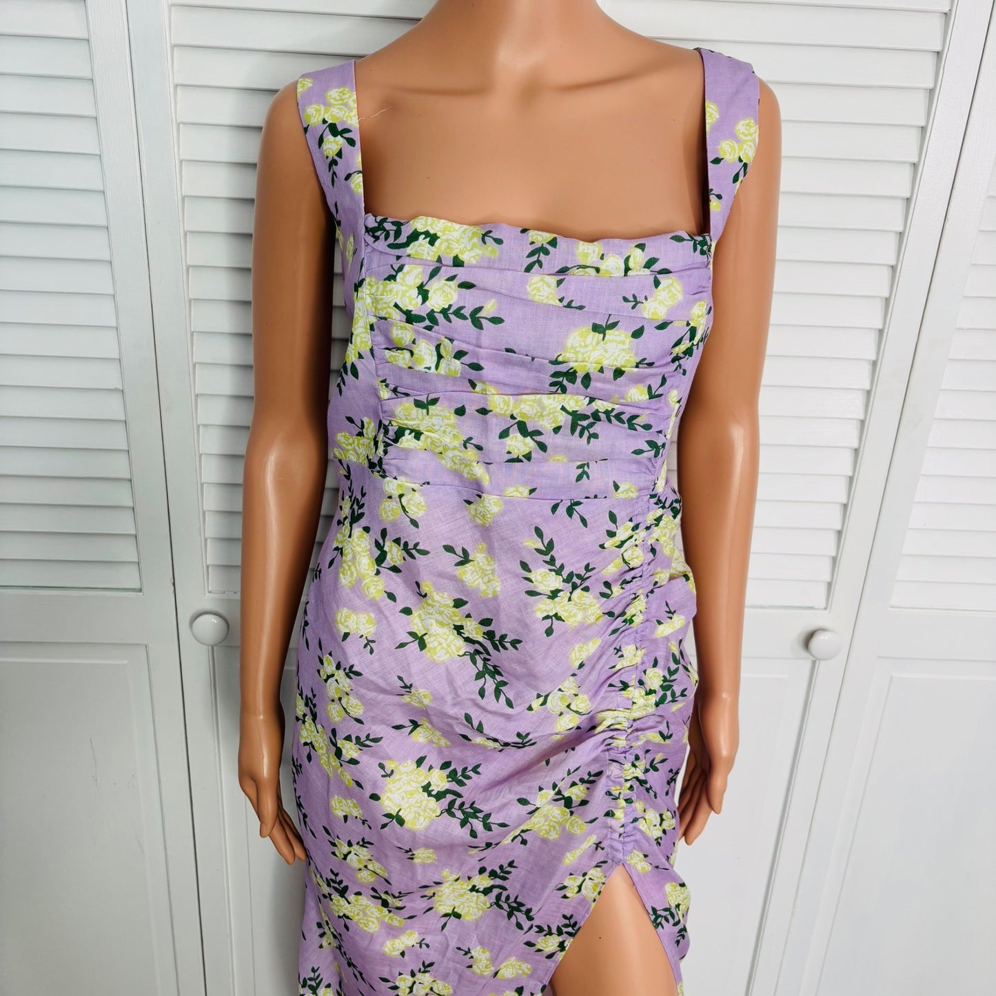 NEW RUMER Estelle Square Neck Linen Maxi Dress In Lilac Floral Size Large