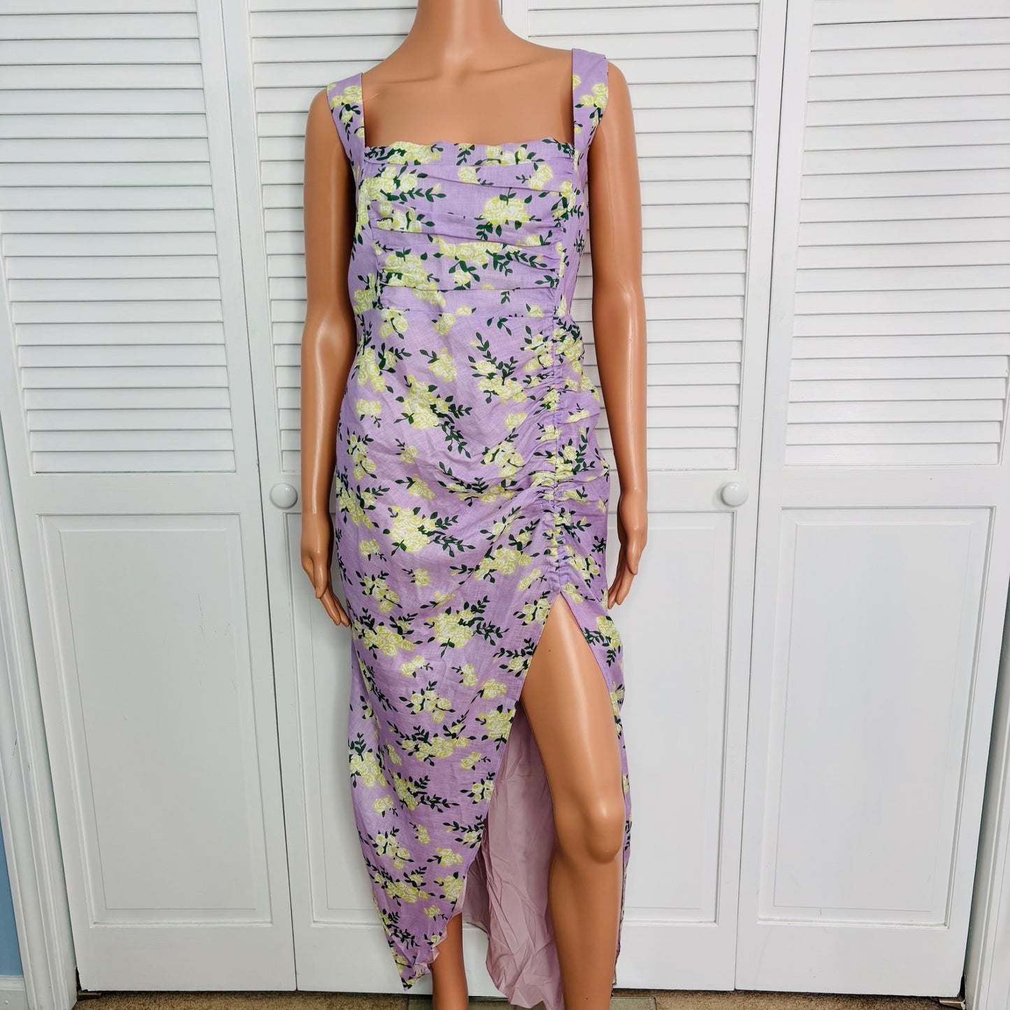 NEW RUMER Estelle Square Neck Linen Maxi Dress In Lilac Floral Size Large