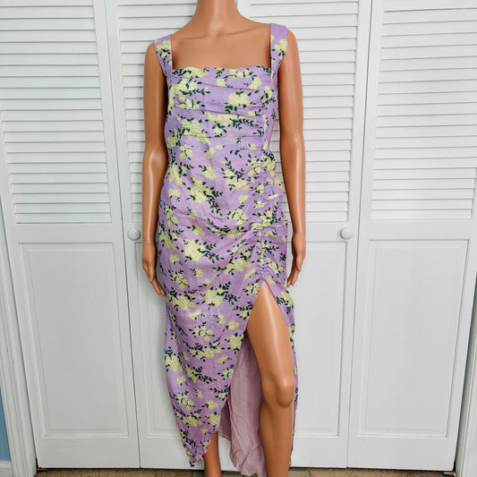 NEW RUMER Estelle Square Neck Linen Maxi Dress In Lilac Floral Size Large