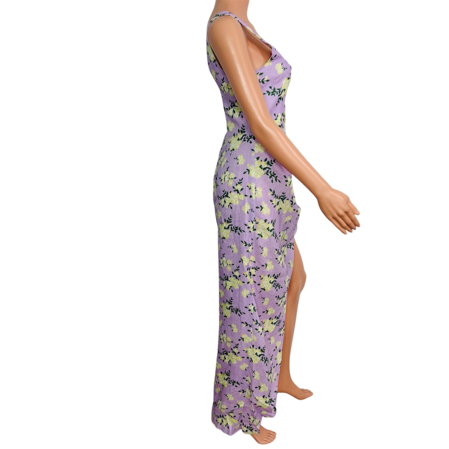 NEW RUMER Estelle Square Neck Linen Maxi Dress In Lilac Floral Size Large
