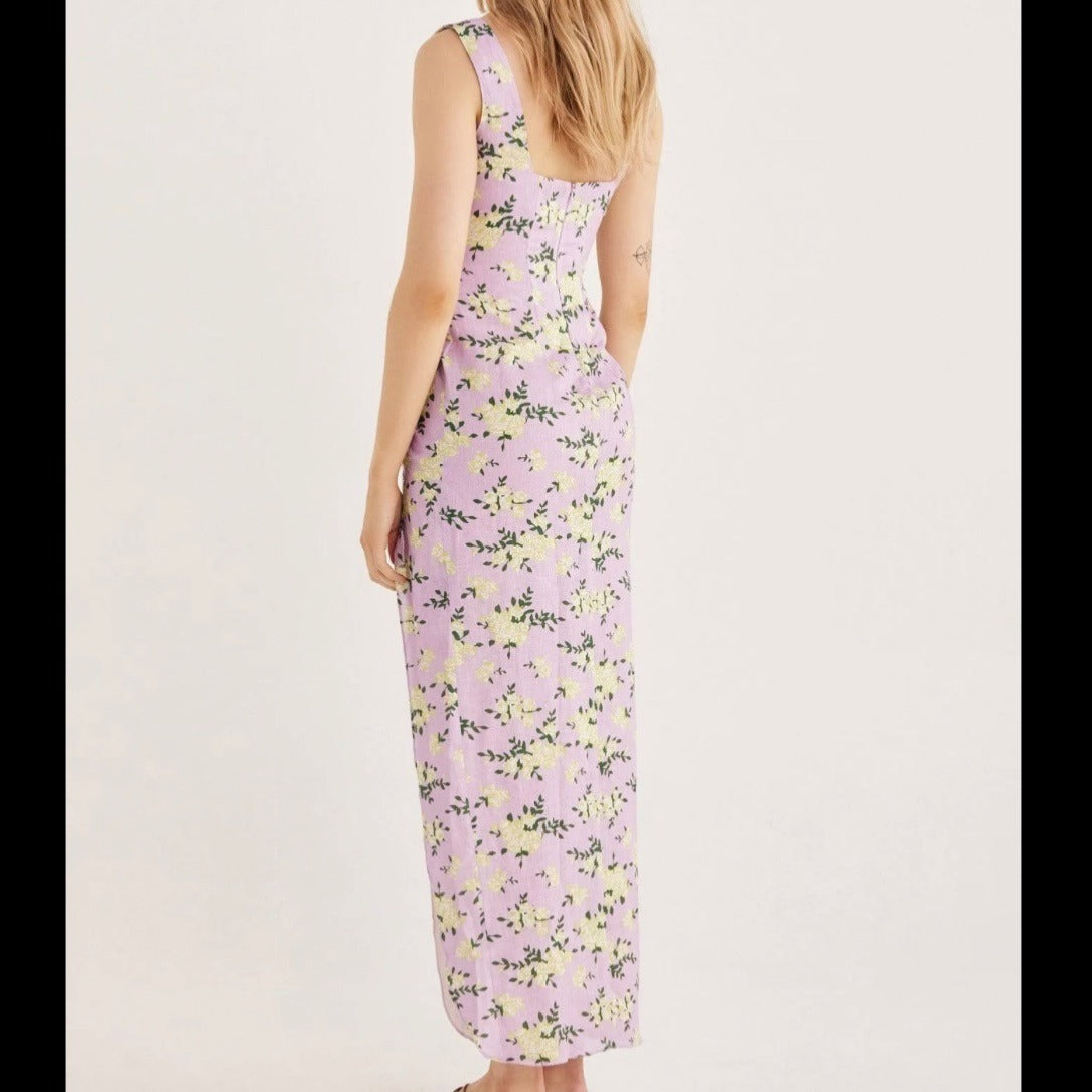 NEW RUMER Estelle Square Neck Linen Maxi Dress In Lilac Floral Size Large
