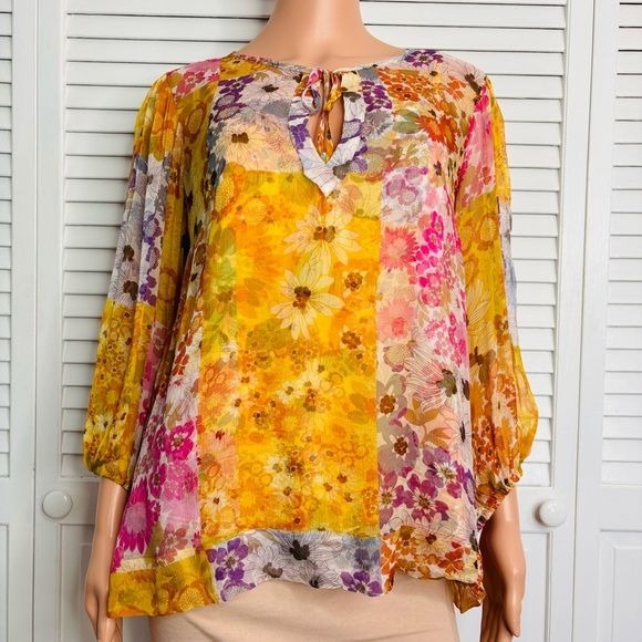 JOHNNY WAS Becky Floral Chiffon Peasant Top Size Medium