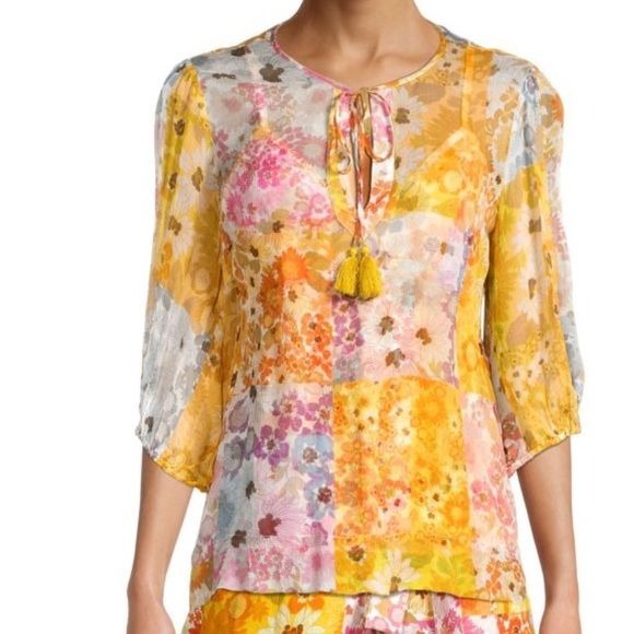 JOHNNY WAS Becky Floral Chiffon Peasant Top Size Medium