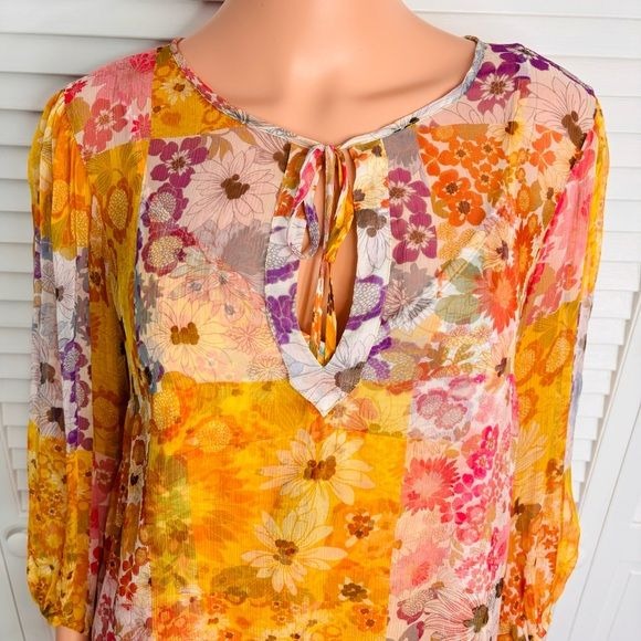 JOHNNY WAS Becky Floral Chiffon Peasant Top Size Medium