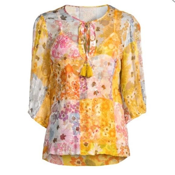 JOHNNY WAS Becky Floral Chiffon Peasant Top Size Medium