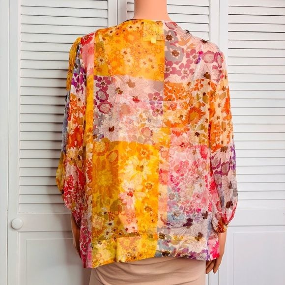 JOHNNY WAS Becky Floral Chiffon Peasant Top Size Medium