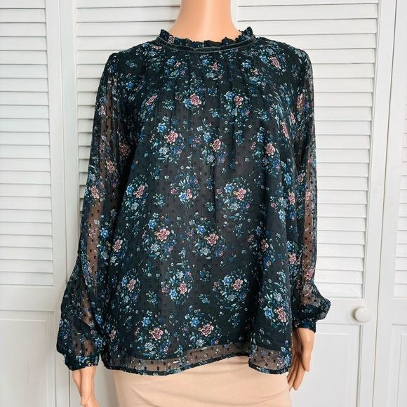 LOFT Black Floral Spring Long Sleeve High Neck Blouse Size Large