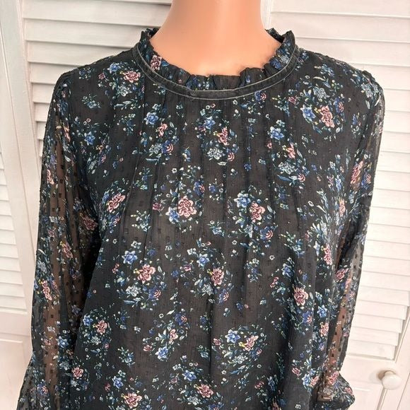 LOFT Black Floral Spring Long Sleeve High Neck Blouse Size Large