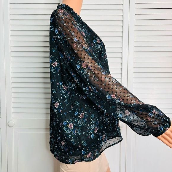 LOFT Black Floral Spring Long Sleeve High Neck Blouse Size Large