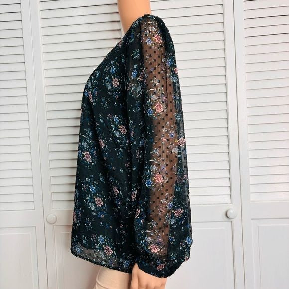 LOFT Black Floral Spring Long Sleeve High Neck Blouse Size Large