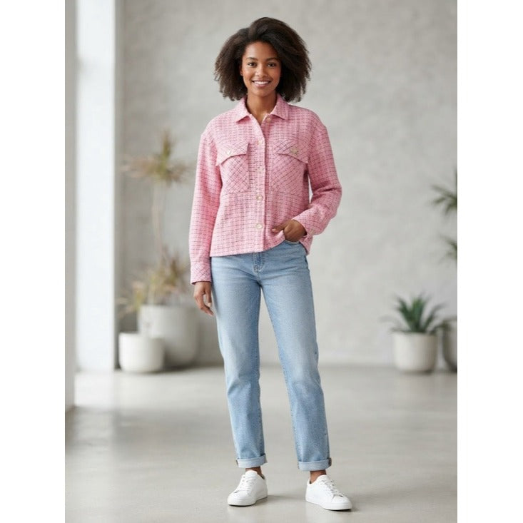 New ENTRO Pink Tweed Button-Up Shacket Jacket Medium
