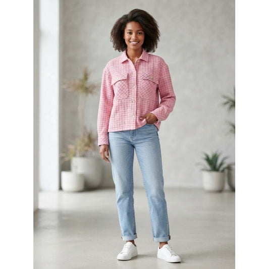 New ENTRO Pink Tweed Button-Up Shacket Jacket Medium
