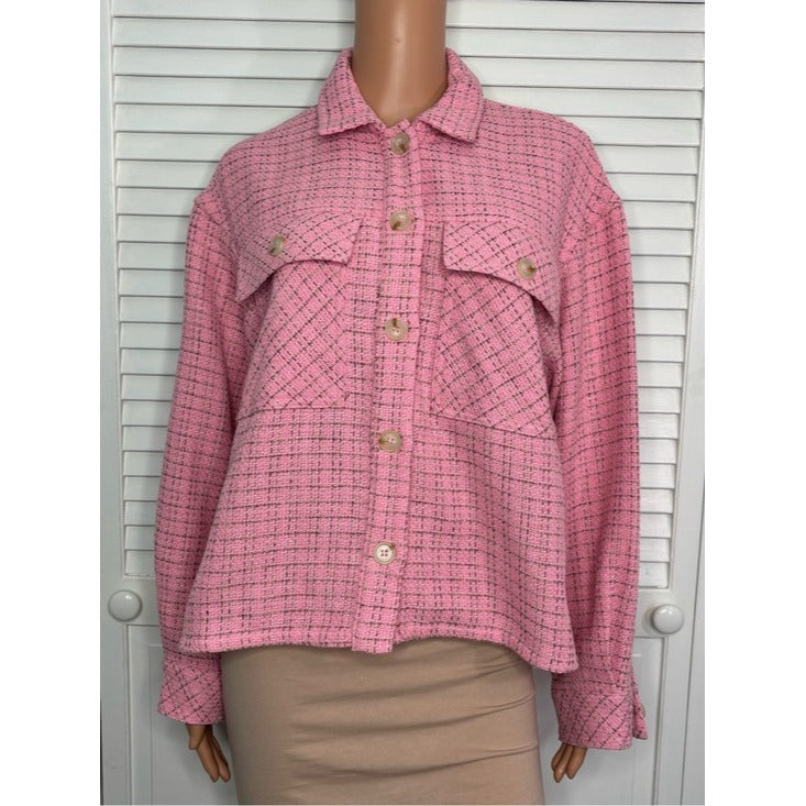 New ENTRO Pink Tweed Button-Up Shacket Jacket Medium