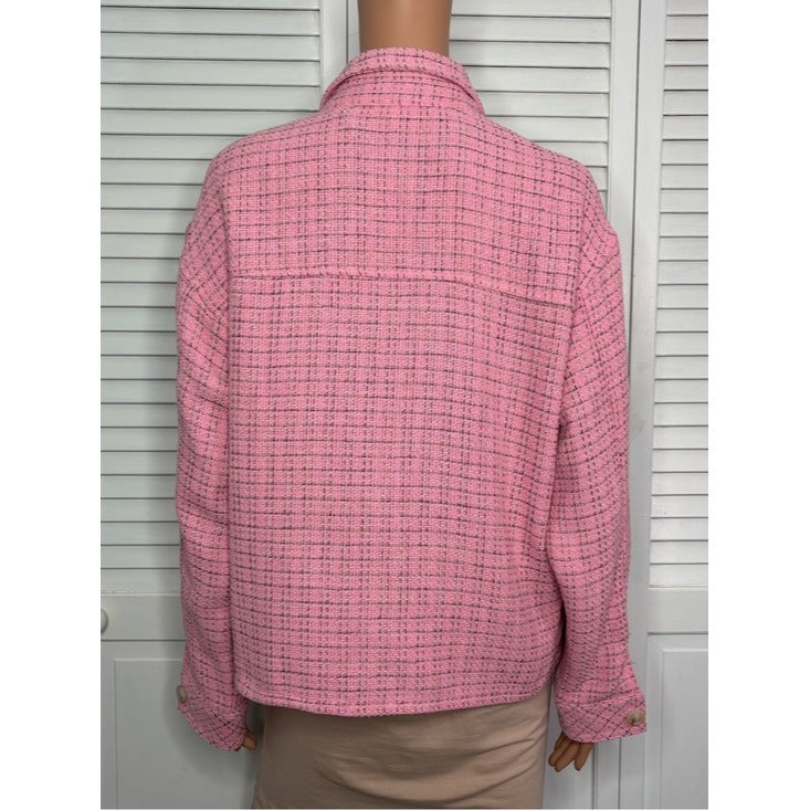 New ENTRO Pink Tweed Button-Up Shacket Jacket Medium