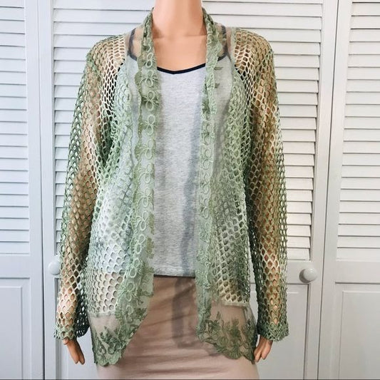 *NEW* KAKTUS Green White Sheer Mesh Open Front Cardigan