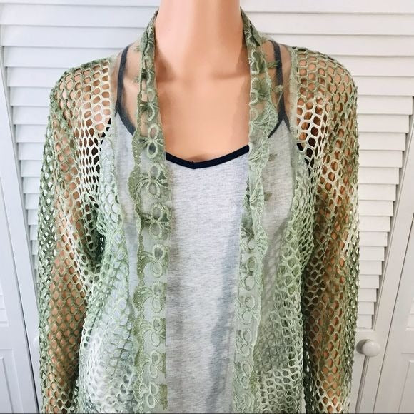 *NEW* KAKTUS Green White Sheer Mesh Open Front Cardigan