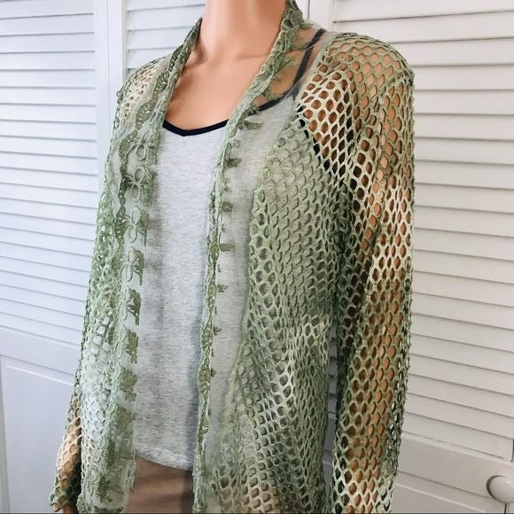 *NEW* KAKTUS Green White Sheer Mesh Open Front Cardigan