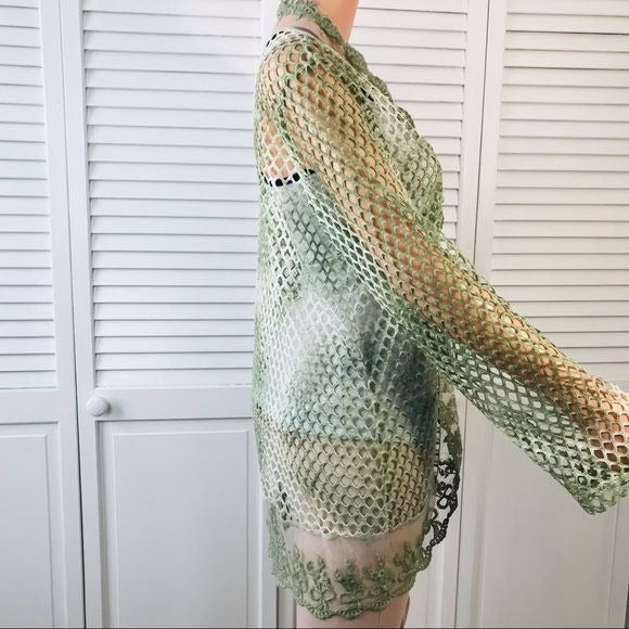 *NEW* KAKTUS Green White Sheer Mesh Open Front Cardigan