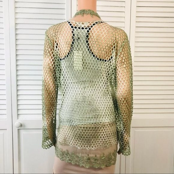 *NEW* KAKTUS Green White Sheer Mesh Open Front Cardigan