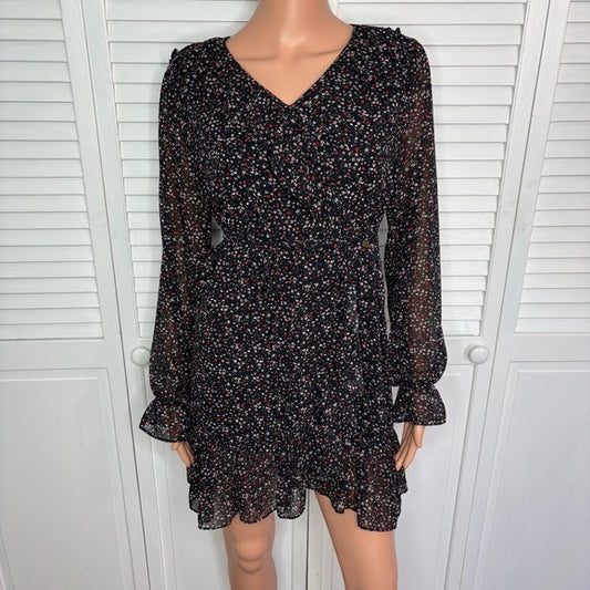 WHOAU CALIFORNIA Floral Ruffle Long Sleeve Dress in Black Size Medium