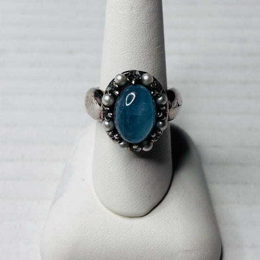 ANN KING Sterling Silver Aquamarine and Cultured Pearl Ring Size 7