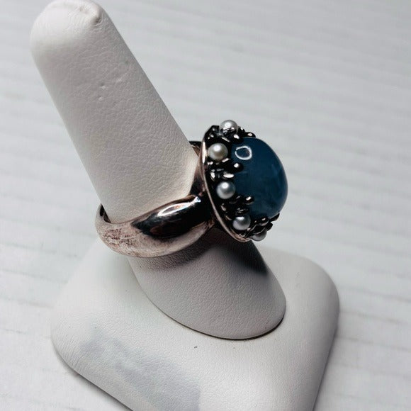 ANN KING Sterling Silver Aquamarine and Cultured Pearl Ring Size 7